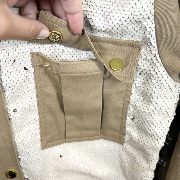 Boston Proper Jacket Women’s Large Beige Sequin Embellished Puff Sleeve Utility - Picture 4 of 16